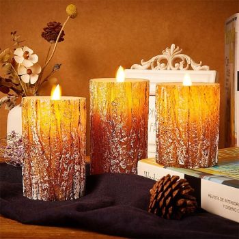 Flameless Candles Light Wooden Pine Effect Battery Operated Flickering Moving Wick Candles Light 4 5 6 Set of 3 Realistic LED Electric Pine Bark Candles with Remote Control for Halloween