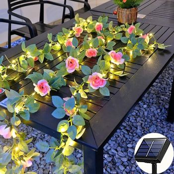 Solar Rose Fairy String Lights, 2M 20LED Outdoor Waterproof Garden Valentines Flower Vine Lights for Valentine's Day Wedding, Anniversary, Patio and Balcony