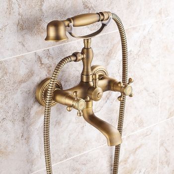 Shower Faucet Set Brass with Bathtub Spout Shower System, 2 Knob Handle Telephone Style Heldhand Showerhand 1.5m Hose Wall Mounted Tap Foundation of a Perfect Shower