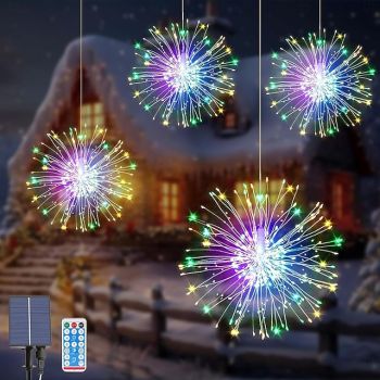 4PCS Solar Firework Lights, Solar Pathway Lights 360 LEDs with Remote Control 8 Modes, Waterproof Outdoor Lights for Garden, Yard, Patio, Walkway, Christmas and Holiday Decorations
