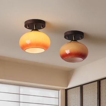 Contemporary Retro Round Oval Dome Wooden Base Glass 1-Light Semi-Flush Mount Ceiling Light For Living Room 110-240V