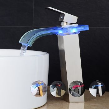 LED Bathroom Sink Mixer Faucet Waterfall Spout 3 Color Temperature, Tall Vessel Taps Single Handle One-hole Monobloc Basin Taps WashroomSmart Faucet
