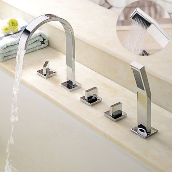 Bathtub Faucet Deck Mounted, Bathroom Faucet Bath Roman Tub Filler Mixer Tap Brass with Handheld, 5 Hole 3 Handle Sprayer with Cold Hot Water Hose Durable Bathtub Faucet