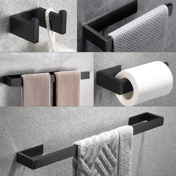 Bathroom Accessory Set, Self-adhesive Matte Black Stainless Steel Hardware Include Robe Hook, Towel Bar, Towel Holder, Toilet Paper Holder,for Home and Hotel Bath Hardware
