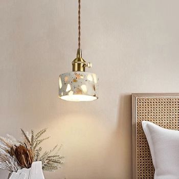 Wabi-Sabi Terrazzo Pendant Light, Hotel Bedroom Retro Walnut & Stone Lamp