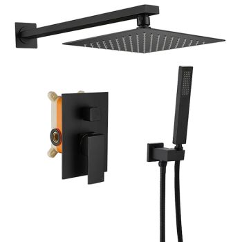 Concealed Shower Faucet Combo Set Black, 8"/10"/12"Ultra Thin Top Head Shower System Mixer Rough In Valve Rainfall High Pressure Head with Handheld, Wall Monted Tub and Shower Trim Kit Bathroom Bath Foundation of a Perfect Shower
