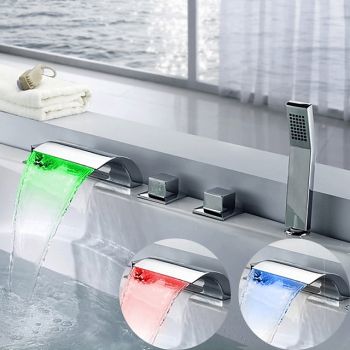 Contemporary Style Bathtub Faucet,LED Chrome Roman Tub Brass Valve Three Handles Five Holes Waterfall Bath Shower Mixer Taps with Hot and Cold Switch Durable Bathtub Faucet