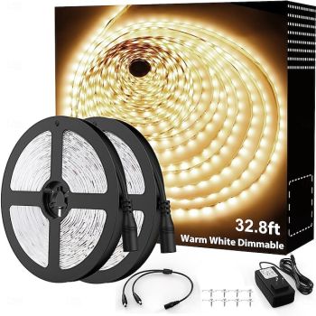 White LED light strip 2x16 FT Warm Light White Light Red Blue Green White Strip Lighting 600 LED 2835 Flexible Ribbon Light 12V Rope Light Suitable for Kitchen Cabinet Bedroom Wardrobe