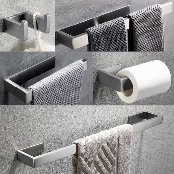 Bathroom Hardware Accessory Set Include Robe Hook, Towel Bar, Towel Holder, Toilet Paper Holder, Self-adhesive Brushed Stainless Steel Silvery Bath Hardware