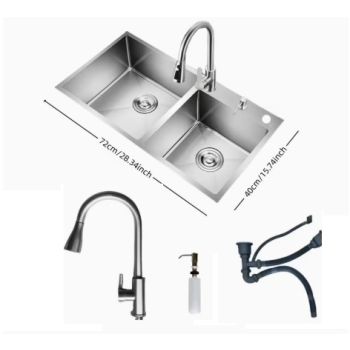 Double Bowl Kitchen Sink,28.3 inch 15.7 inch,Nano-Cleaning kitchen sink with Pull-Out Faucet and Drainage Accessories and Soap Dispenser