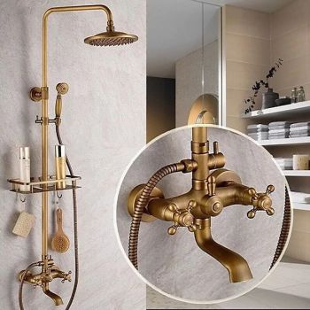 Shower Faucet,Shower System Set,Rainfall Antique Brass Shower Fixture 8 Inch Shower Head Handled Shower Waterfall Tub Spout Wall Mounted Outdoor Shower System with Shower Shelf Foundation of a Perfect Shower