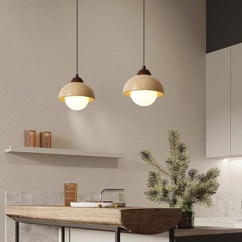 LED Pendant Light Stone Warm White 15cm 1-Light Minimalist Metal Lampshade Circular Marble Chandelier Chinese Style Ceiling Hanging Lamp for Porch Balcony Corridor 110-240V