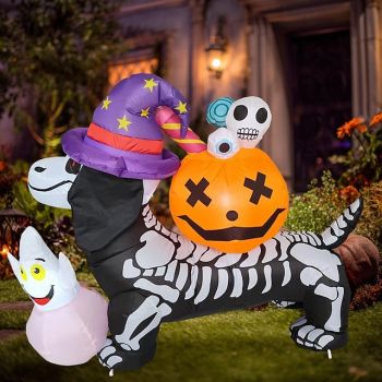 1 Pc 1.6M Halloween Skeleton Sausage Dog Pumpkin Ghost Inflatable Air Model Indoor and Outdoor Courtyard Garden Lawn Party Atmosphere Decorative Light US/EU/UK/AU Plug