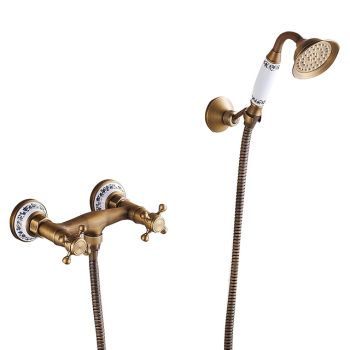 Shower Faucet Set - Handshower Included pullout Vintage Style / Country Antique Brass Mount Outside Ceramic Valve Bath Shower Mixer Taps / Two Handles One Hole Foundation of a Perfect Shower