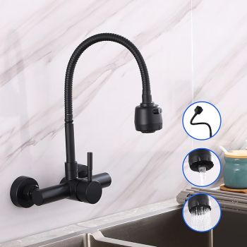 Wall Mount Kitchen Sink Mixer Faucet with Sprayer Kitchen Faucet Stainless Steel Pot Filler Taps, 360 Swivel Polished Black/Chrome Single Handle Mixer Vessel Tap Foldable Faucet