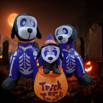 1 Pc 1.8M/6FT Halloween Three Skeleton Puppies LED Light Emitting Pumpkin Bucket Inflatable Air Model Indoor and Outdoor Courtyard Lawn Garden Party Festival Atmosphere Decorative US/EU/UK/AU Plug