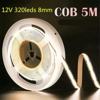 5M DC 12V LED COB Strip Light 8MM High Density Linear Lighting 320LEDs Flexible Tape Ribbon Lights Warm Natural White Decor RA90