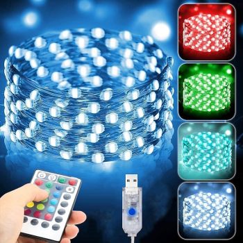 LED String Lights USB Powered 5M-50Leds/10M-100Leds/12M-120Leds Multi coloured Fairy Lights Colour Changing,4 Modes Waterproof Copper Wire Lights with Remote Timer for Indoor Garden Party