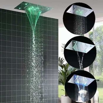 500*360 Chrome/3- Color LED Bathroom Faucets Rain Mixer Complete with Stainless Steel Rainfall Shower Head Ceiling Mounted Color Change By Water Temperature, Hydor Power, No Battery Needed Foundation of a Perfect Shower