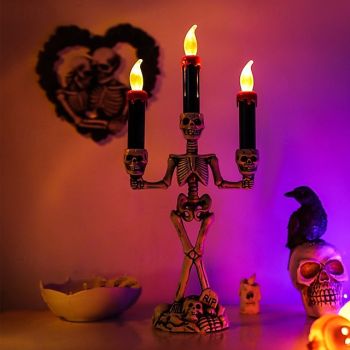 Halloween Skeleton Candlestick Lamp Ghost Festival Horror Decoration Props Pumpkin Lamp Skull Ornaments LED Electronic Candle Lamp AAA Battery Powered