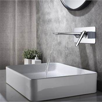 Brass Wall Mounted Bathroom Sink Faucet,Black/Silvery Waterfall Painted Finishes Bath Taps with Hot and Cold Switch Top Quality