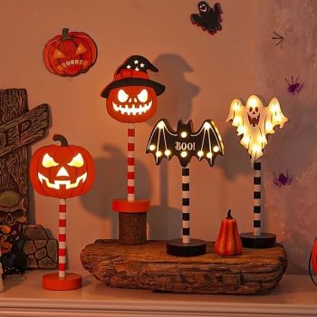 Halloween Night Light Wooden Halloween Pumpkin Lamp Battery Powered Ghost Lamp Bat Lamp Skull Lamp Home Indoor Bedroom Decorative Lamp