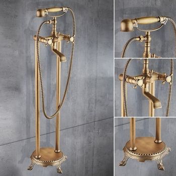 Bathtub Faucet Floor Mounted, Brass Retro Style Telephone Shape Brass Electroplated Finish Two Handles Two Holes Shower Faucet with Handshower and Drain Durable Bathtub Faucet