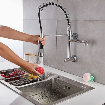 Wall Mounted Kitchen Sink Faucet Only Cold Water Pull Down Sprayer, 360 Swivel Pull Out Kitchen Taps 2 Sprayer Mode Vessel Water Tap Gold Black Chrome Pull Down Kitchen Faucets