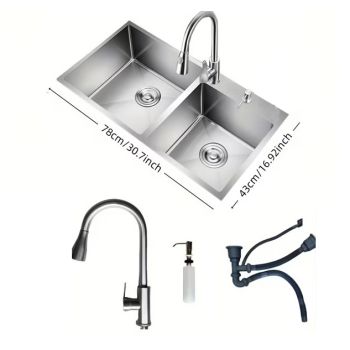Double Bowl Kitchen Sink,30.7 inch 16.9 inch,Nano-Cleaning kitchen sink with Pull-Out Faucet and Drainage Accessories and Soap Dispenser