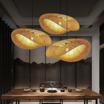 Bamboo Chandelier Retro Rattan 60cm E26/E27 Chandelier Ceiling Lighting is Applicable to Living Room Bedroom Restaurant Cafe Bar Restaurant Club 110-240V