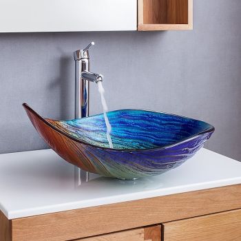 Bathroom Vessel Sink Rectangular 21"x15", Sink Mixer Faucet and Drain Combo with Pop-up Drain, Boat Shape Color Tempered Glass Artistic Vanity Sink Bowl, Above Counter Washroom Sink Art Wash Basin Washbasin Art
