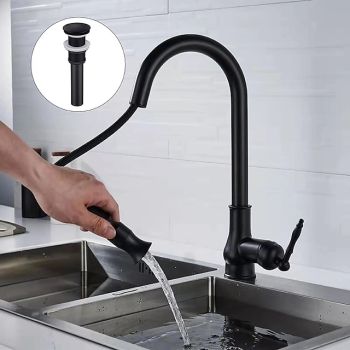 Kitchen Sink Mixer Faucet with Pull Out Spray, 360 Swivel Pull Down Vessel Taps Antique Brass/Black Deck Mounted, Antique Single Handle One Hole Kitchen Taps Foldable Faucet