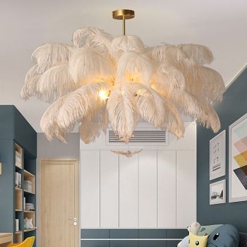 LED Pendant Light Chandelier Gorgeous Extra Large 70cm 6-Light White Ostrich Feather Bouquet Pendant Light Romantic Mounted Lighting Fixture for Restaurant Bedroom