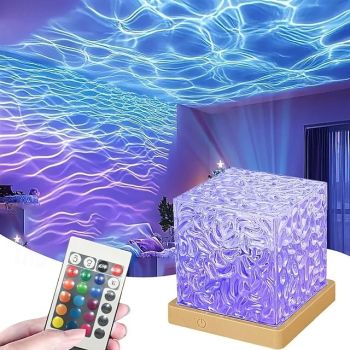 USB Rotating Water Wave Light Projector Remote Control Bedroom Table Lamp Crystal Night Lamp 16 Color RGB Desktop Lamp for Game Room Bedroom Christmas/Halloween Party Decoration