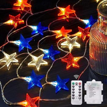Patriotic 10ft 20LED Star String Lights Decor Independence Day,  Fourth of July LED Star Fairy Lights with Remote Control Red White Blue 8 Modes Battery Powered Holiday Home Party Decoration