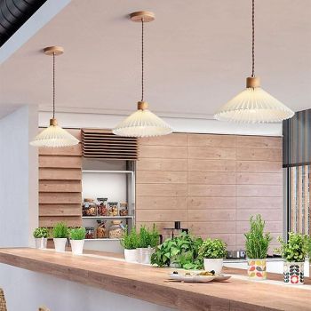 Nordic Style Wood Pendant Light with White Pleated Fabric Shade - Wooden Single Suspension Lamp Ceiling Hanging Lighting Fixture Kit, Chandeliers for Kitchen Island Dining Room 85-265V