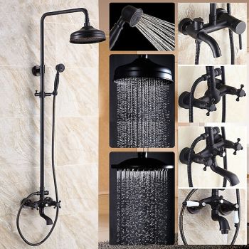 Antique Shower System Faucet Combo Set, 8" Rainfall Shower Head Kit with Handshower Wall Mounted, Brass Copper Black Electroplated Finish Vintage Style 2 Handles 3 Hole Bath Mixer Taps with Bodysprays Foundation of a Perfect Shower