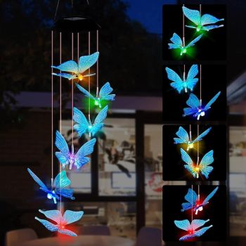 Solar Butterfly Wind Chime Light RGB Color Changing Garden Light Outdoor Waterproof Balcony Garden Park Tree Hanging Light