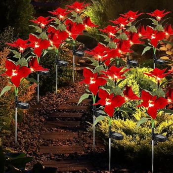 2pcs Christmas Solar Poinsettia Stakes Lights, Solar Red Flower Light Garden Outdoor Waterproof Landscape Lamp Waterproof Xmas Party Home Garden Park Pathway Decoration