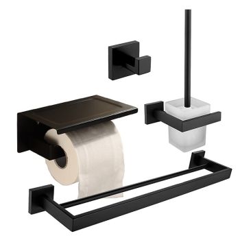 Bathroom Accessory Set Matte Black Contain with Tower Rack/Toilet Paper Holder/Robe Hook/Toilet Brush Holder Stainless Steel Wall Mounted 4PCS Painted Finish