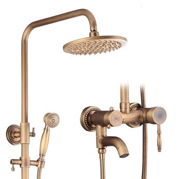 Shower System Faucet Set 8" Showerhead Golden, Rainfall Vintage Style Combo Kit with Handheld Handshower Wall Mounted, Country Antique Brass Mount Outside Ceramic Valve Bath Shower Mixer Taps Foundation of a Perfect Shower