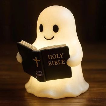 Ghost Bible Lamp Cute 3D Resin Ghost Reading Figurine Night Light with Warm LED Glow Halloween Bedroom Decor Unique Table Lamp Gift for Party Bedroom Shelf Table Decoration