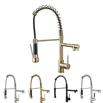 Kitchen Faucet Pull Out Sink Mixer Taps Dual Spout, High Arc Spring Vessel Brass Taps, Single Handle 360 Swivel Sprayer with Hot and Cold Water Hose Foldable Faucet