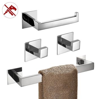 Bathroom Hardware Accessory Set,Self-Adhesive  Wall Mounted Robe Hook,Chrome Stainless Steel Towel Bar, Towel Holder, Toilet Paper HolderBath Hardware