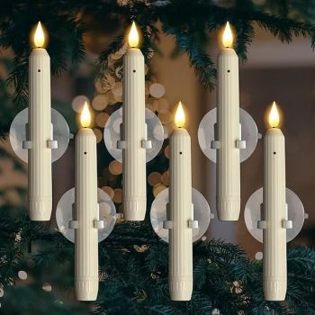 6 PCS Window Candles With Sensor Dusk to Dawn - Ivory Stripped Candlesticks With Suction Cups, Roman Column Battery Operated Flameless LED Taper for Christm (No batteries included)
