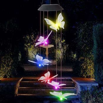 Solar Wind Chime Outdoor Waterproof LED Colorful Lamp Butterfly Shape Pendant LED Night Light Courtyard Garden Terrace Decorative Lantern