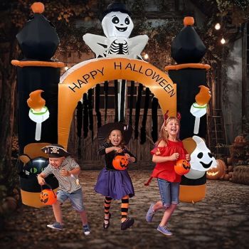 1 Pc 2.4M Halloween Black Cat Skull Ghost with Light Inflatable Air Model Arches Courtyard Porches Entrance Doors Lawn Party Halloween Atmosphere Decorative Light EU/US/UK/AU Plug