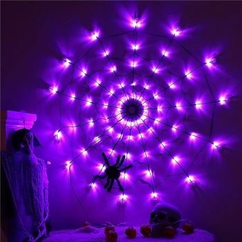 Halloween Spider Web Lights 60 LED with Black Spider Waterproof Purple Net Lights USB Powered Remote Control 8 Modes Cobweb for Party Yard Decoration Lighting