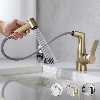 Bathroom Sink Faucet with Pull Out Spray,Brass Liftable 3-modes Electroplated / Painted Finishes Centerset Single Handle One Hole Lavatory Rotating Spout for Cold and Hot Water Bath Taps ultimate flexibility