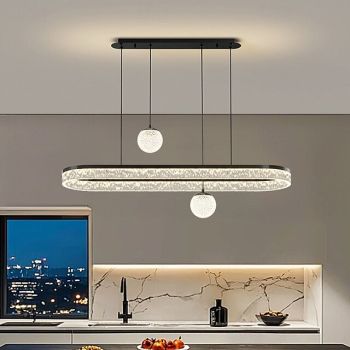 Black Oval LED Chandelier, Restaurant Bar Kitchen Island Hanging Modern Ring Ceiling Light, 3000K-6000K Tri-Color Variable Light Pendant Light Fixture